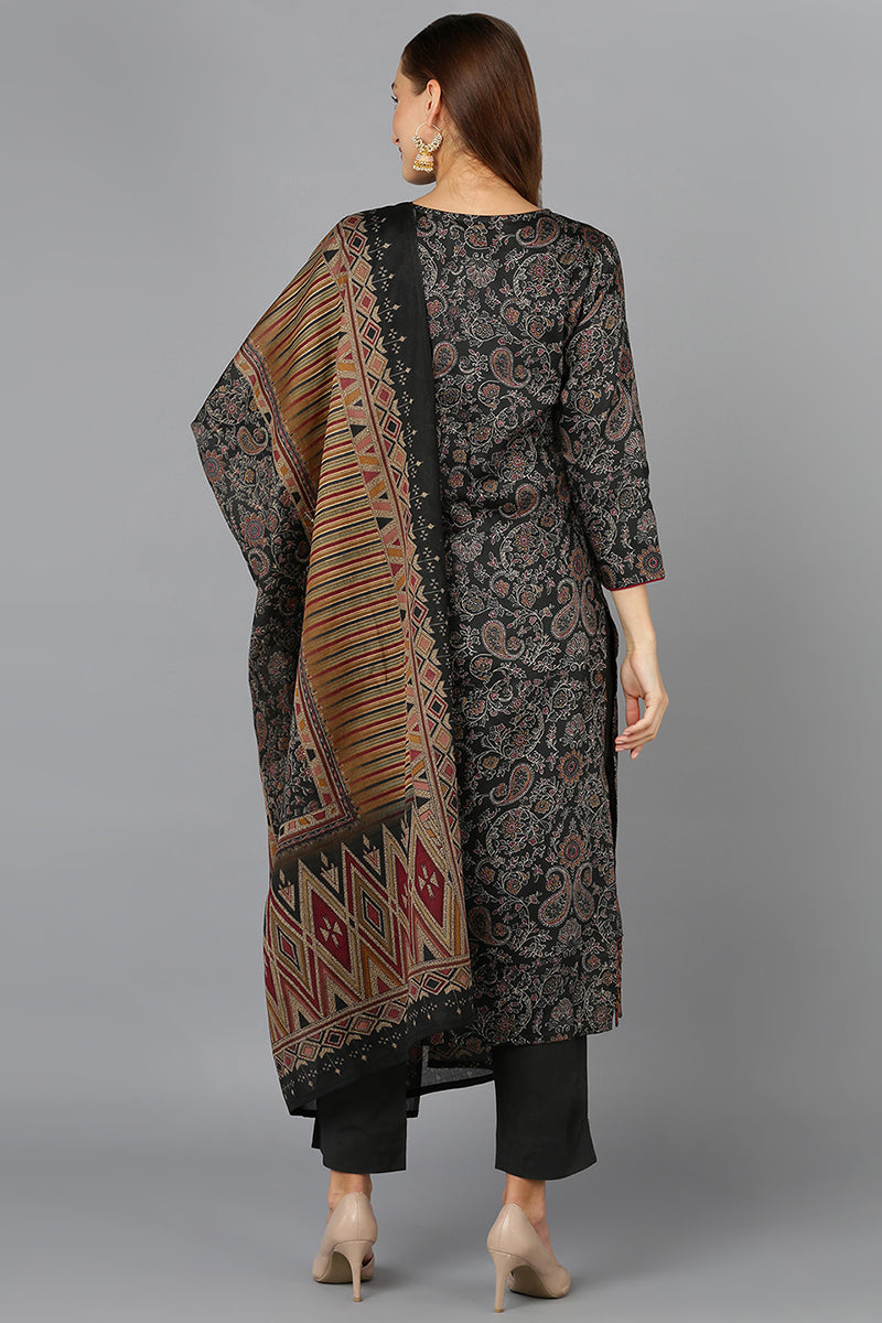 Black Cotton Straight Suit Set VKSKD1800
