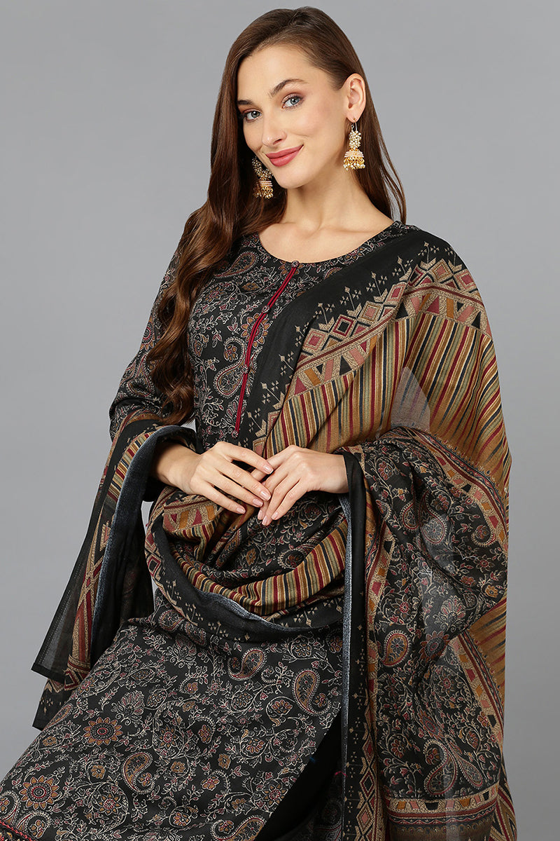 Black Cotton Straight Suit Set VKSKD1800