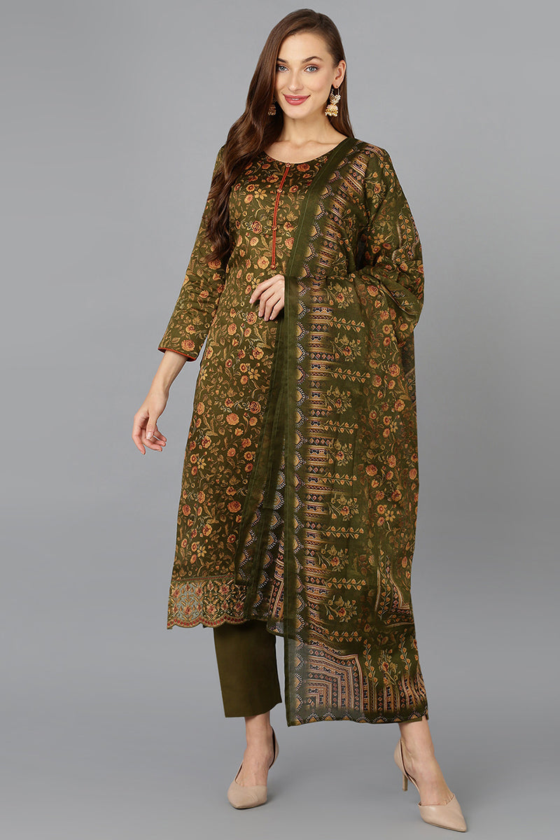 Olive Green Cotton Straight Suit Set VKSKD1802