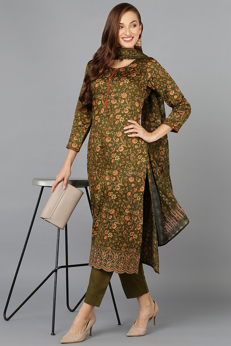 Olive Green Cotton Straight Suit Set VKSKD1802
