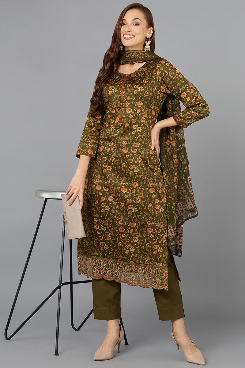 Olive Green Cotton Straight Suit Set VKSKD1802