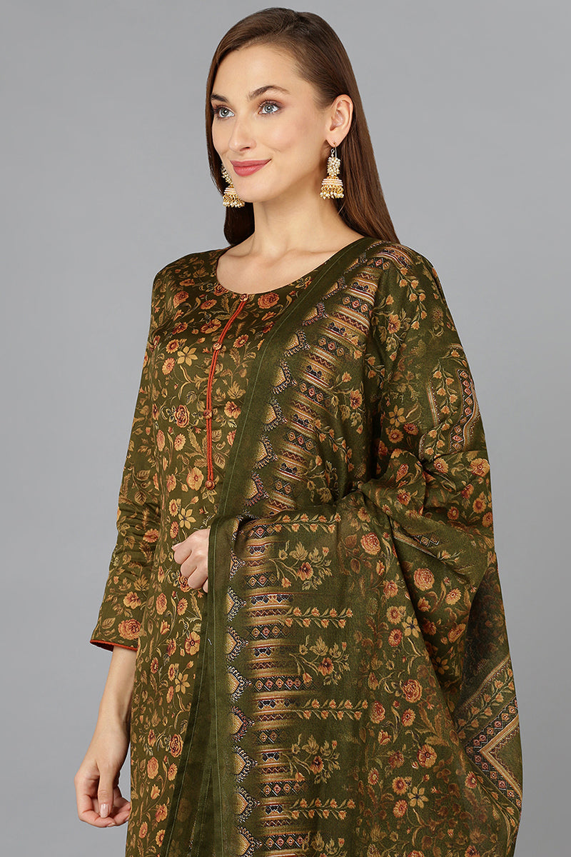 Olive Green Cotton Straight Suit Set VKSKD1802