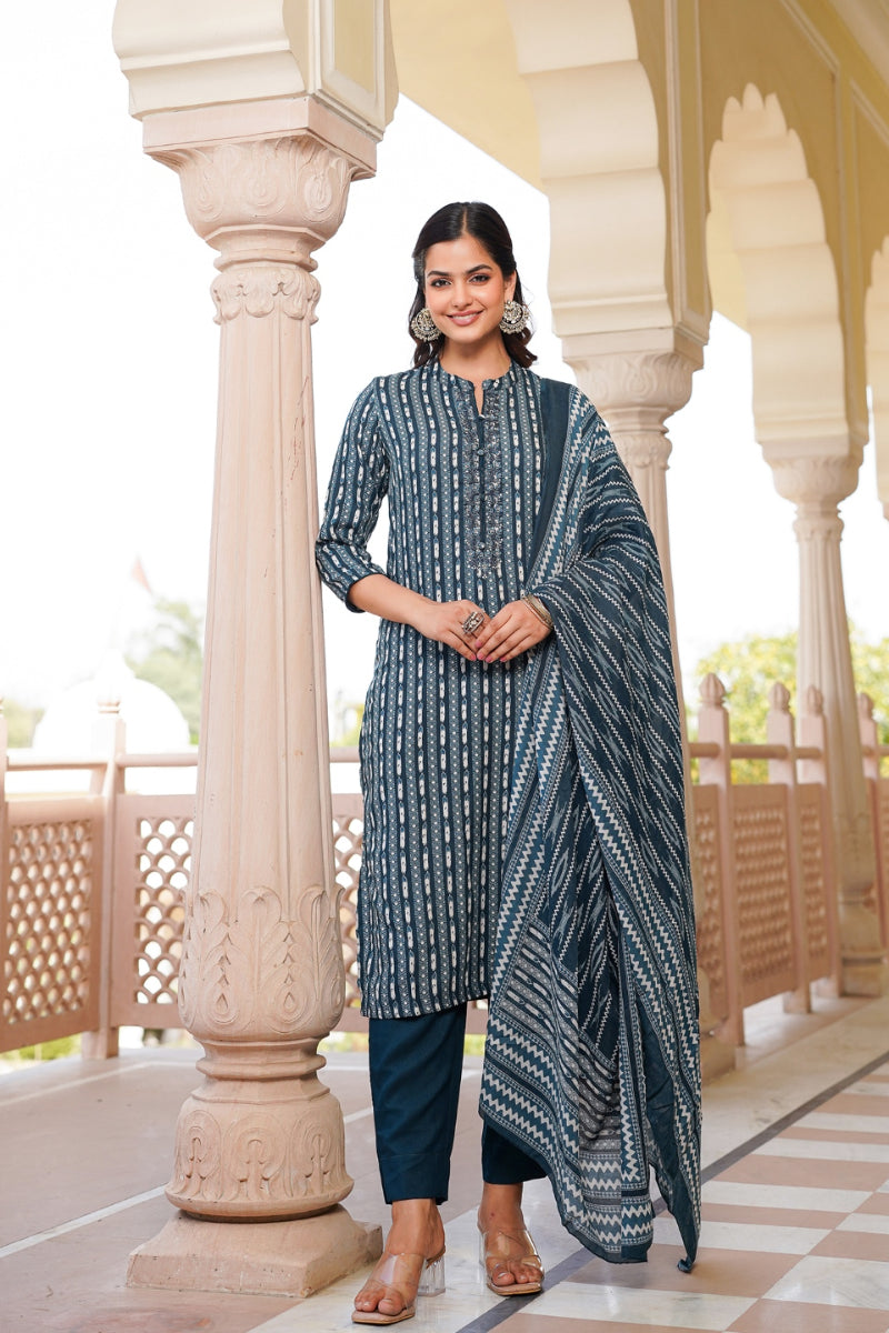 Rayon Blend Teal Straight Kurta Pant With Dupatta VKSKD1810