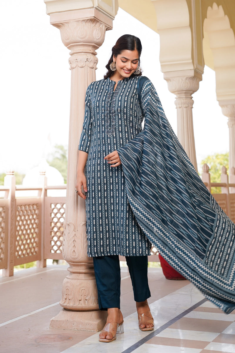 Rayon Blend Teal Straight Kurta Pant With Dupatta VKSKD1810
