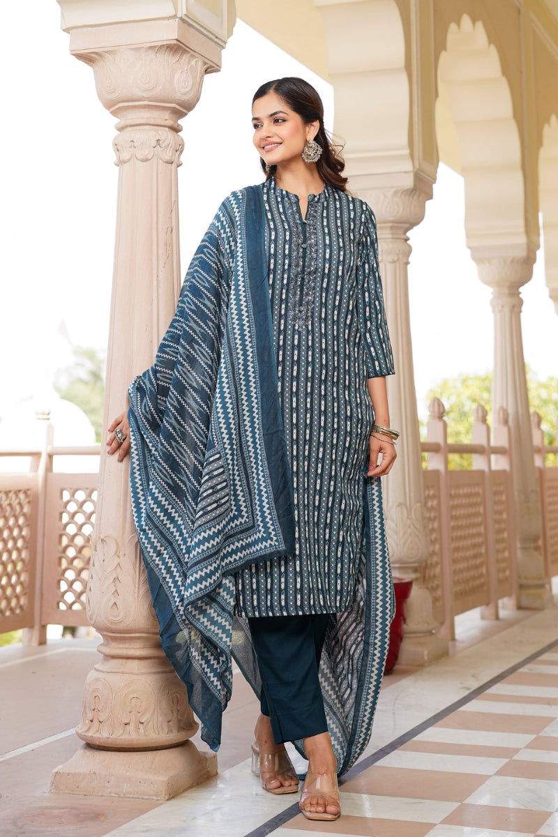 Rayon Blend Teal Straight Kurta Pant With Dupatta VKSKD1810