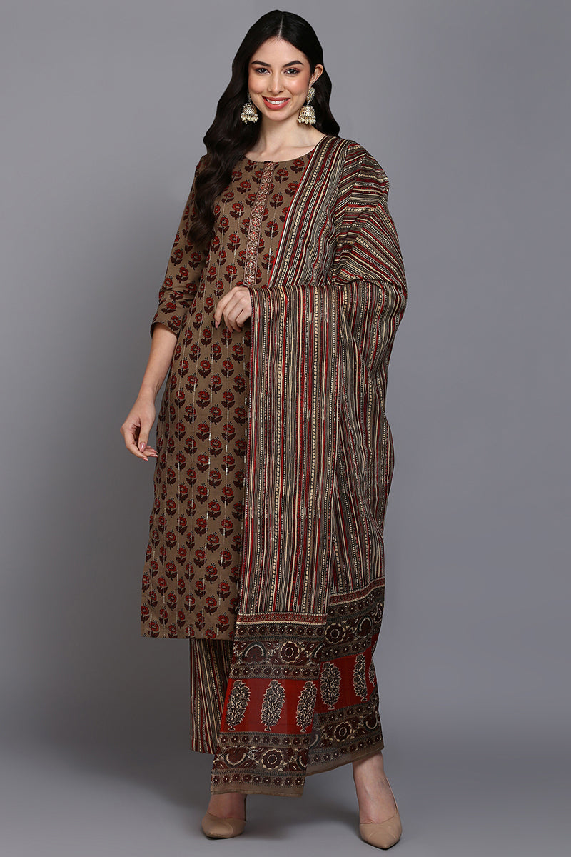 Cotton Beige Printed Straight Kurta Pant With Dupatta VKSKD1850