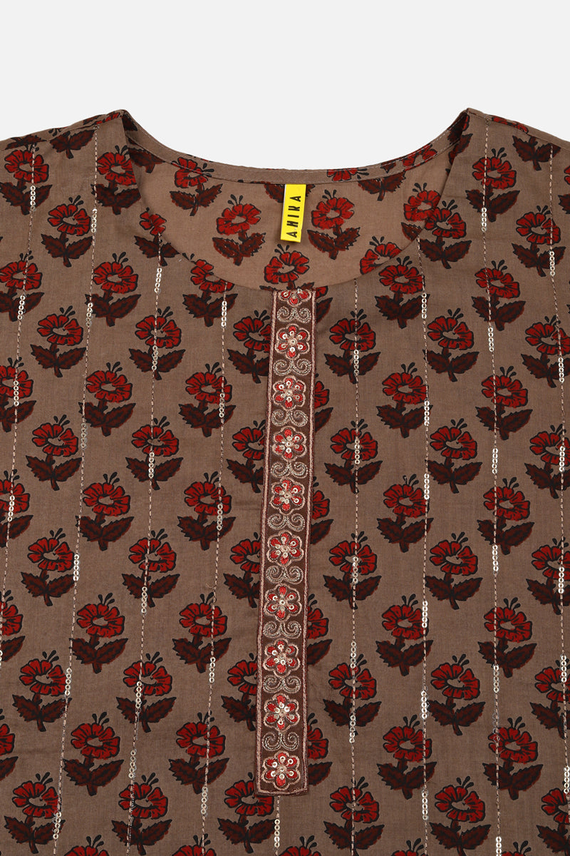 Cotton Beige Printed Straight Kurta Pant With Dupatta VKSKD1850