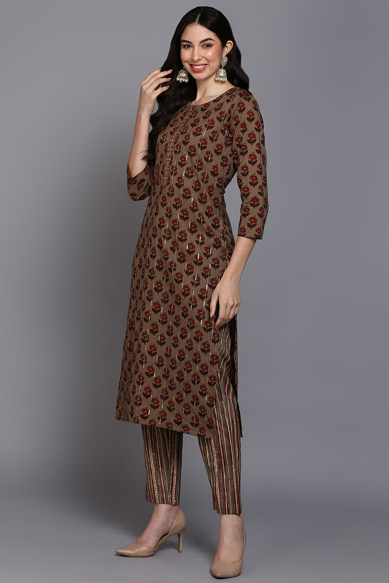 Cotton Beige Printed Straight Kurta Pant With Dupatta VKSKD1850