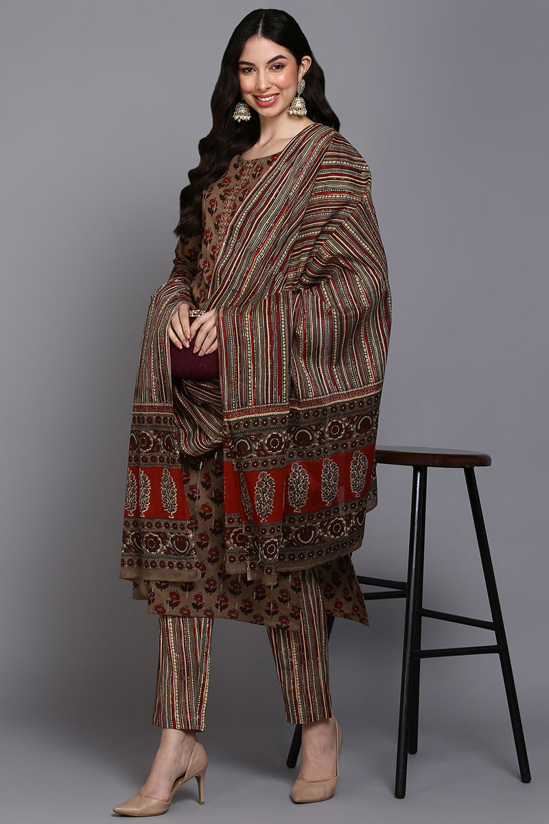 Cotton Beige Printed Straight Kurta Pant With Dupatta VKSKD1850