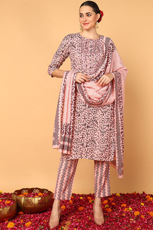 Pink Silk Blend Floral Printed Straight Style Suit Set VKSKD1866