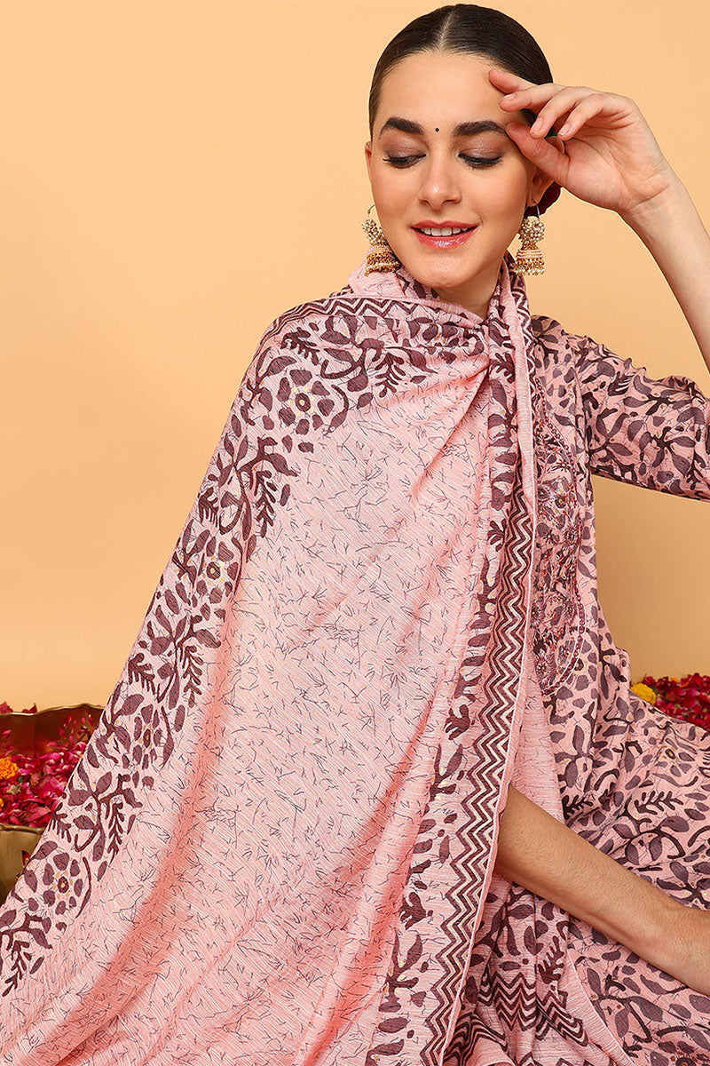 Pink Silk Blend Floral Printed Straight Style Suit Set VKSKD1866