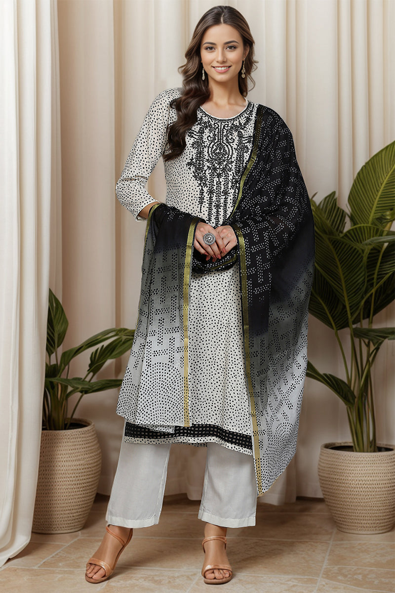 Off White Cotton Bandhani Straight Suit Set VKSKD1870