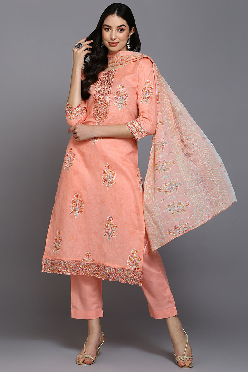 Peach Cotton Blend Floral Straight Suit Set VKSKD1890