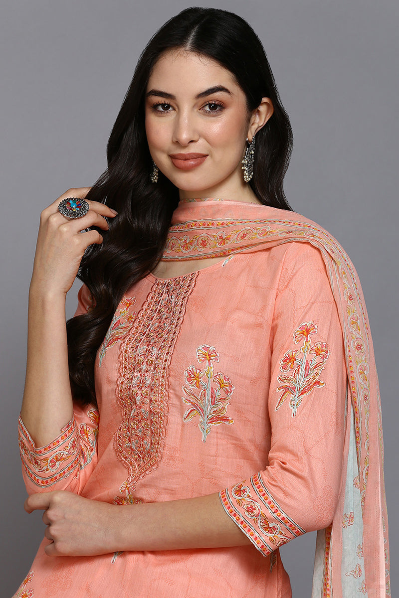 Peach Cotton Blend Floral Straight Suit Set VKSKD1890