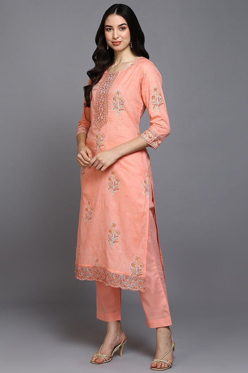 Peach Cotton Blend Floral Straight Suit Set VKSKD1890