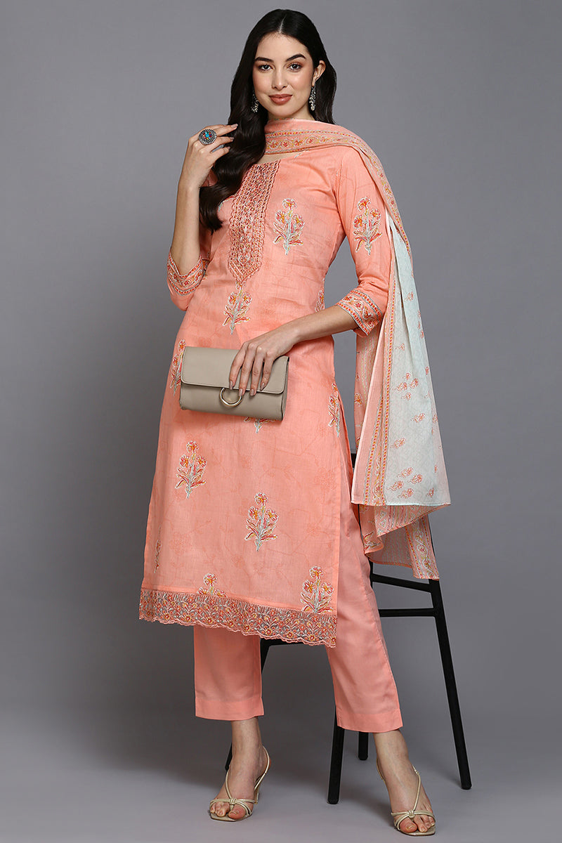 Peach Cotton Blend Floral Straight Suit Set VKSKD1890