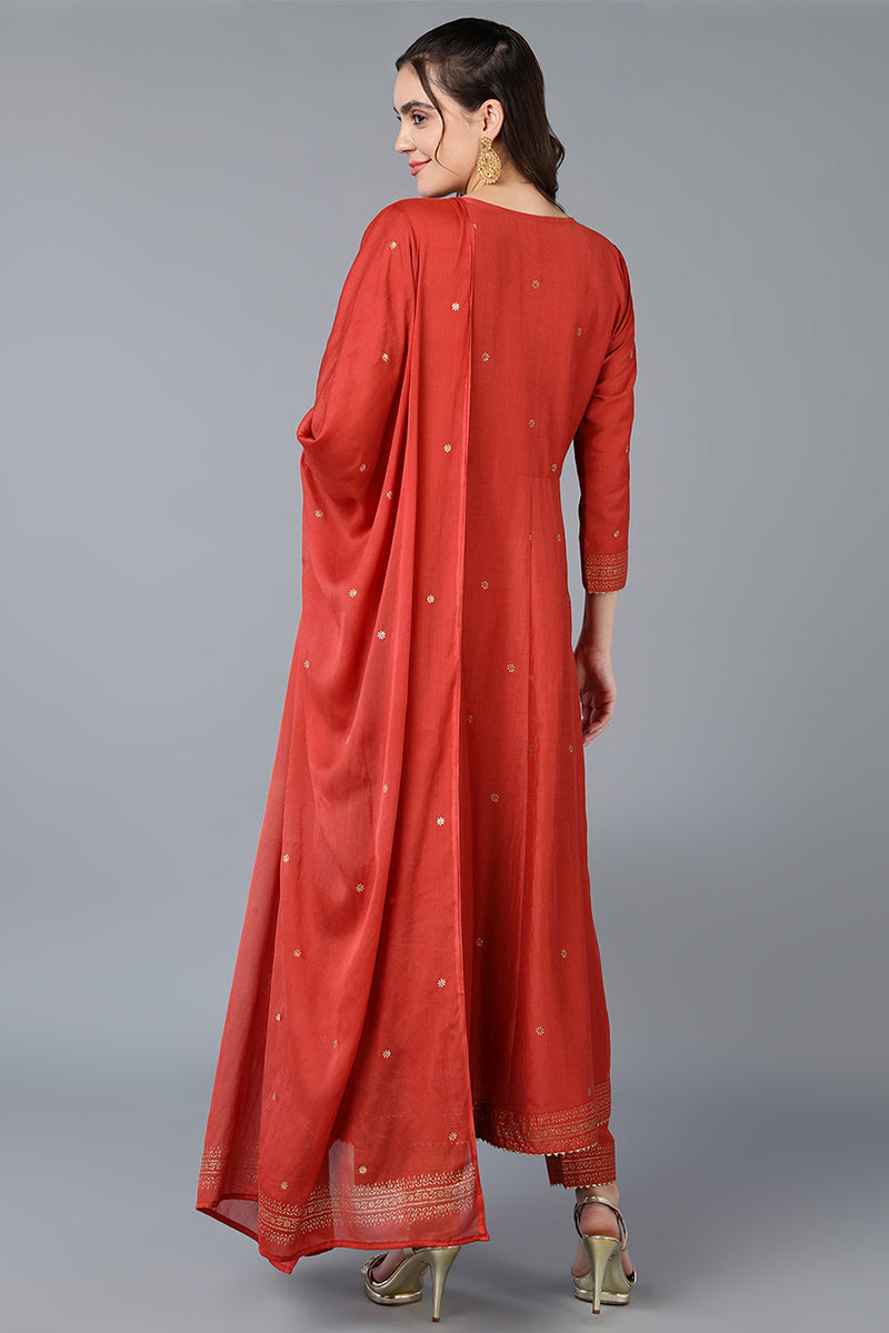 Rust Orange Silk Blend Rogan Work Flared Suit Set VKSKD1895