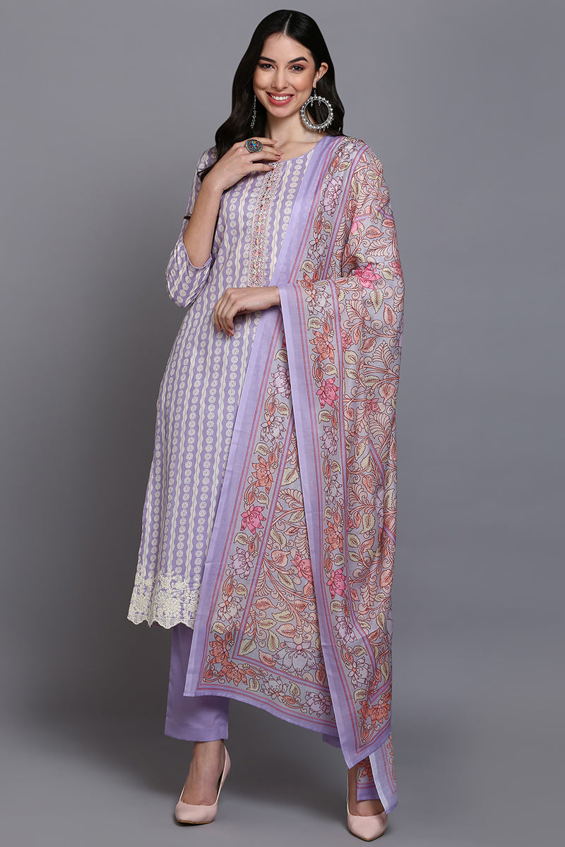 Rayon Lavender Printed Straight Kurta Pant With Dupatta VKSKD1910
