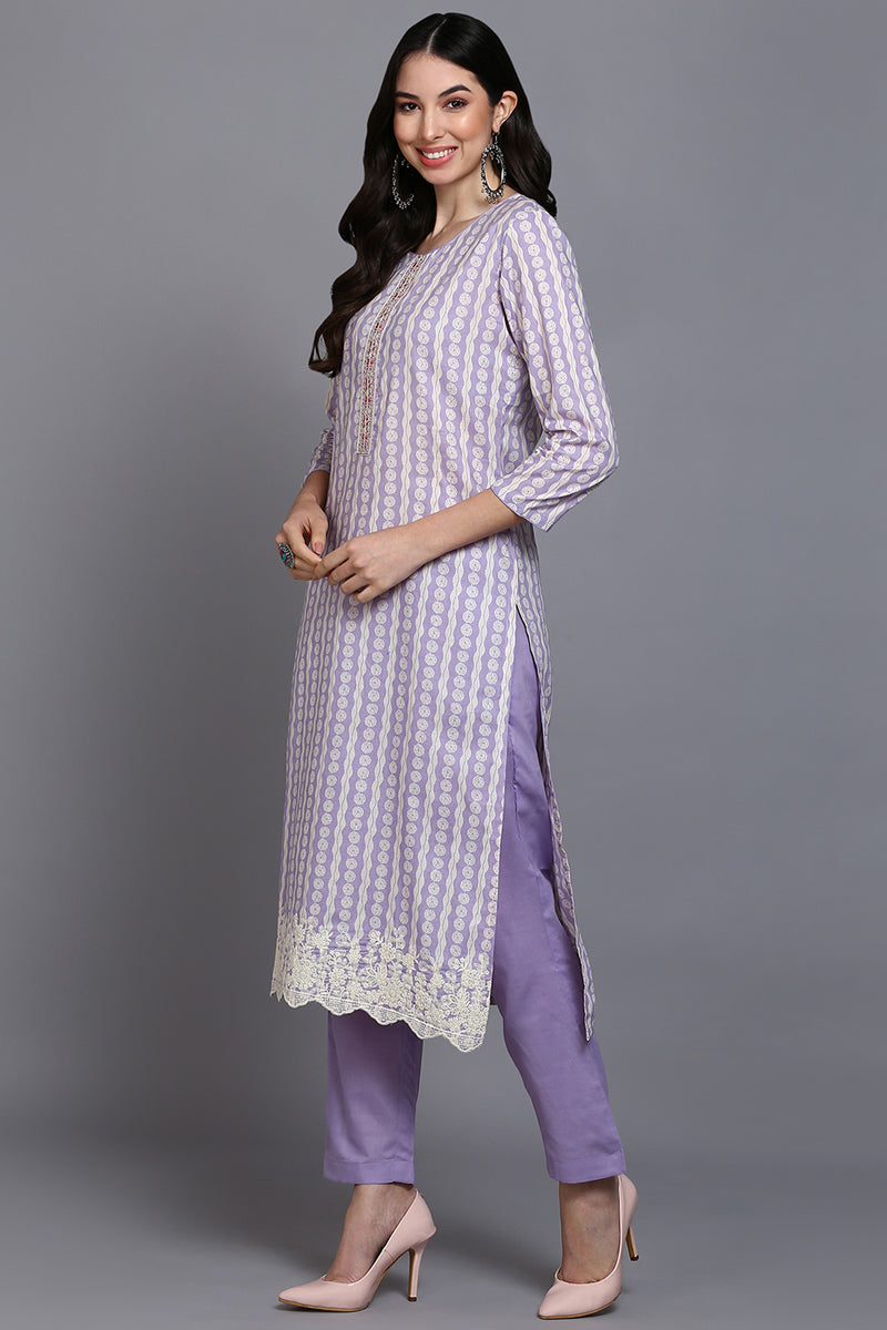 Rayon Lavender Printed Straight Kurta Pant With Dupatta VKSKD1910