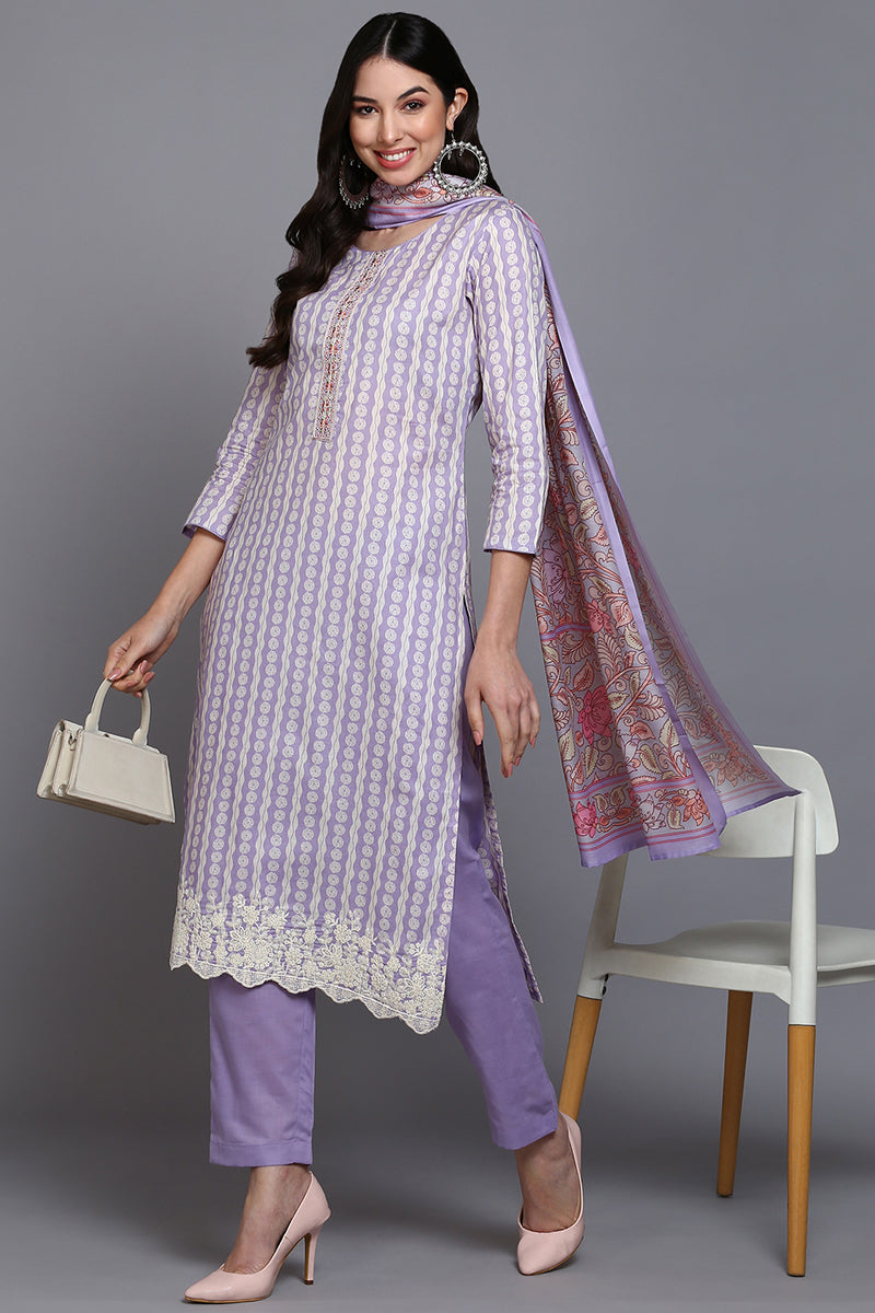 Rayon Lavender Printed Straight Kurta Pant With Dupatta VKSKD1910