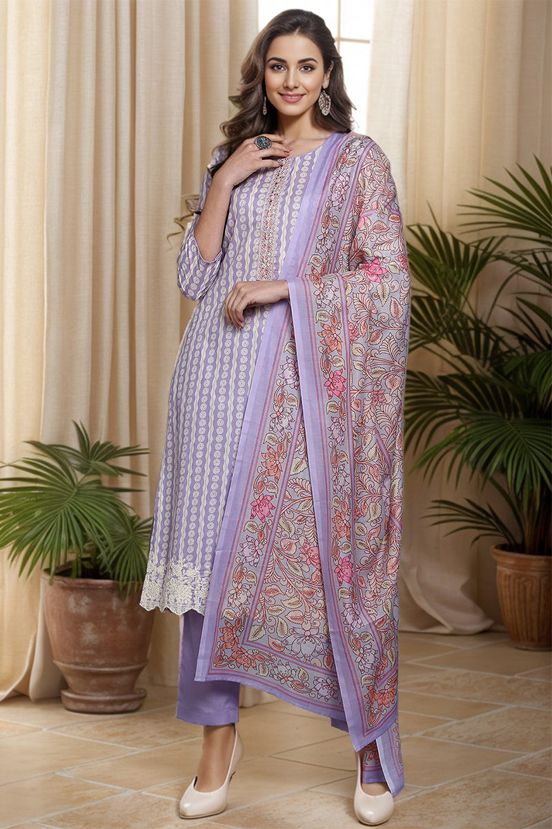 Rayon Lavender Printed Straight Kurta Pant With Dupatta VKSKD1910