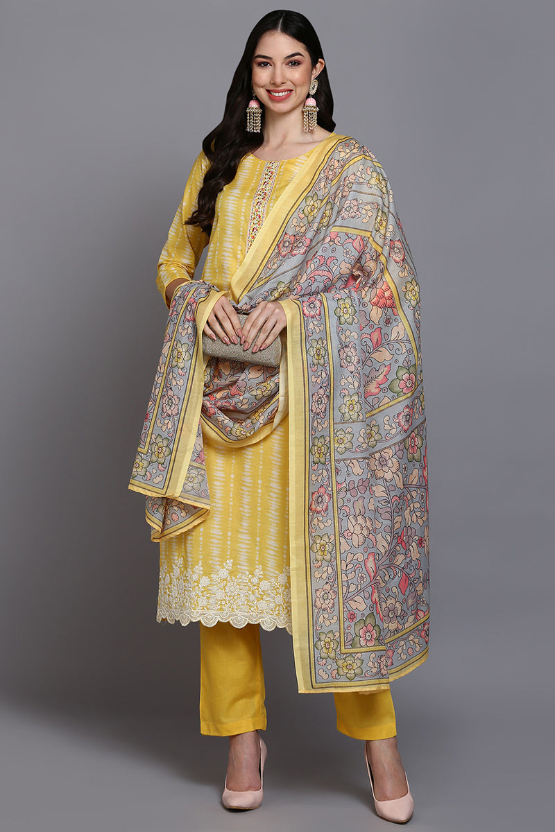 Rayon Yellow Printed Straight Kurta Pant With Dupatta VKSKD1911
