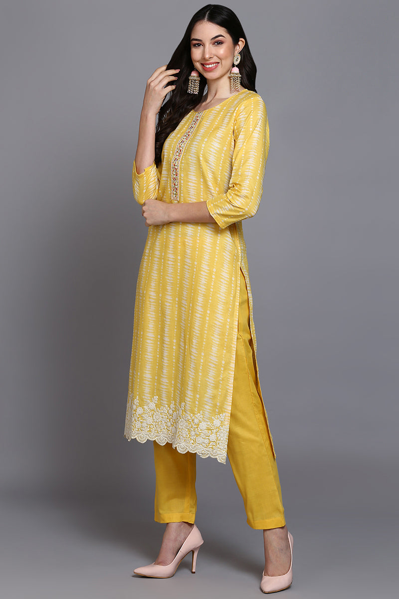 Rayon Yellow Printed Straight Kurta Pant With Dupatta VKSKD1911