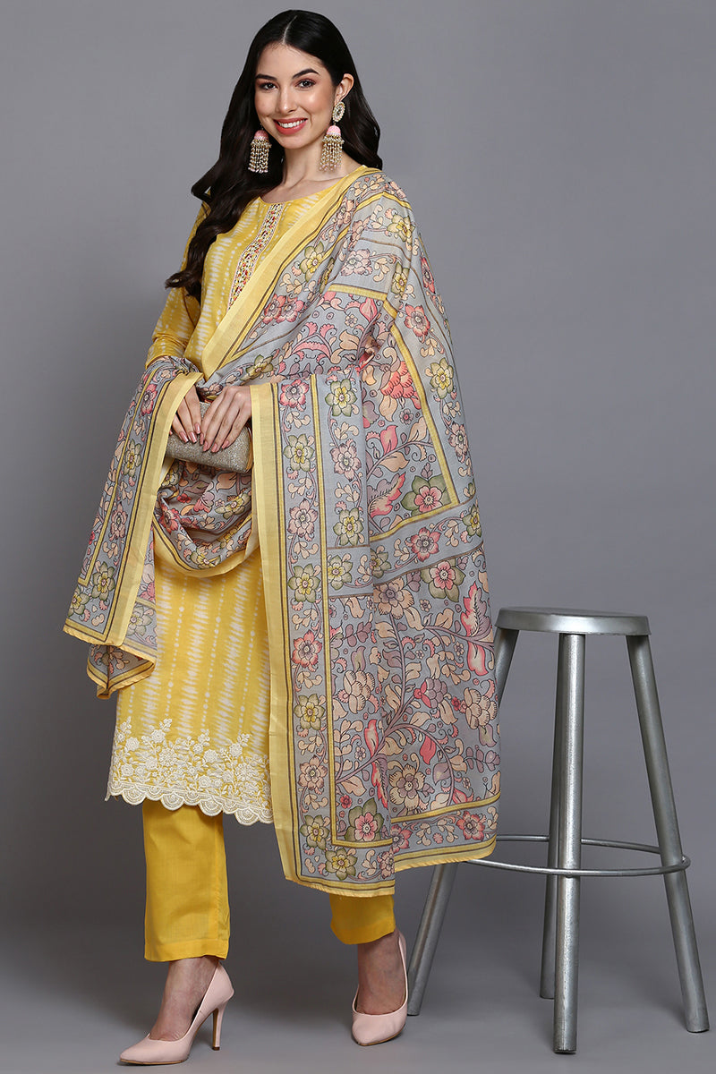 Rayon Yellow Printed Straight Kurta Pant With Dupatta VKSKD1911