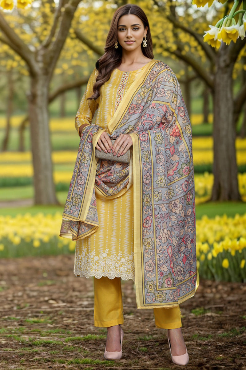 Rayon Yellow Printed Straight Kurta Pant With Dupatta VKSKD1911