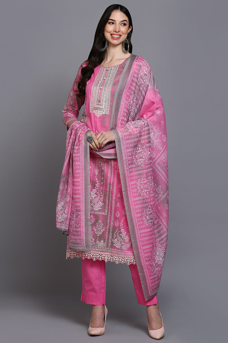 Cotton Pink Printed Straight Kurta Pant With Dupatta VKSKD1918