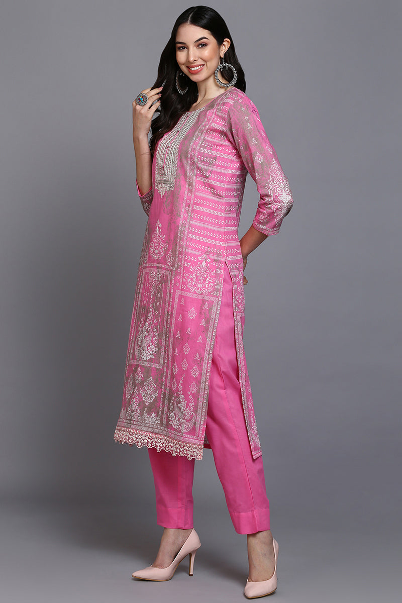 Cotton Pink Printed Straight Kurta Pant With Dupatta VKSKD1918