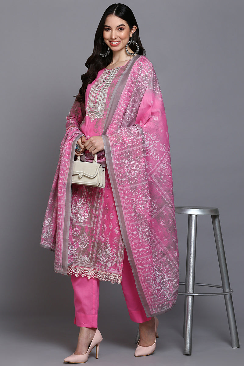Cotton Pink Printed Straight Kurta Pant With Dupatta VKSKD1918