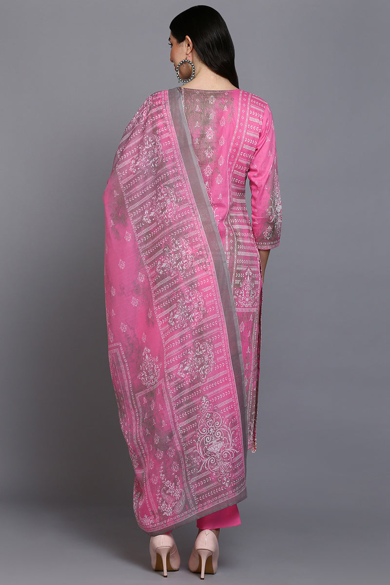 Cotton Pink Printed Straight Kurta Pant With Dupatta VKSKD1918