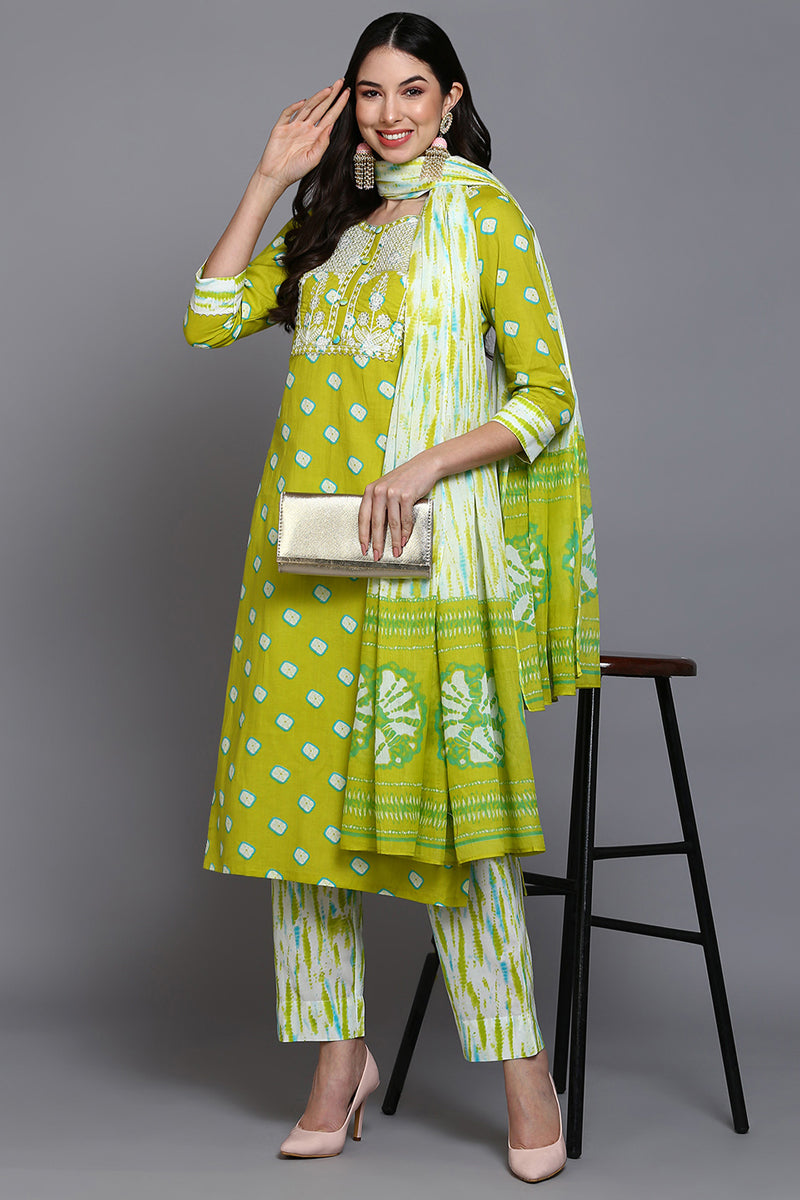 Cotton Green Bandhani Printed Straight Kurta Pant With Dupatta VKSKD1924