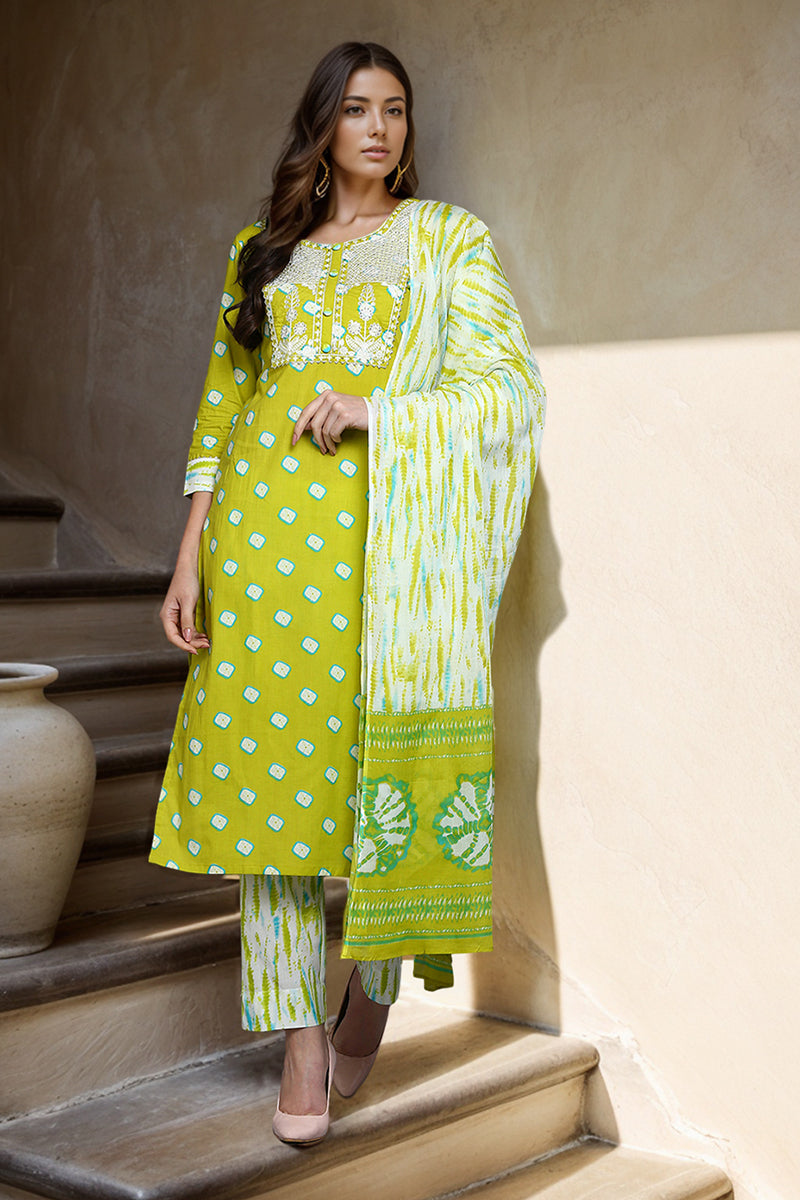 Cotton Green Bandhani Printed Straight Kurta Pant With Dupatta VKSKD1924