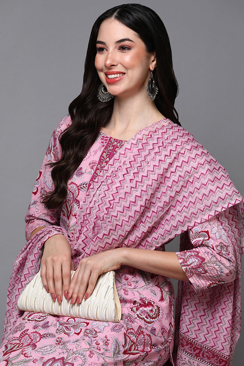 Pink Pure Cotton Floral Straight Suit Set VKSKD1928