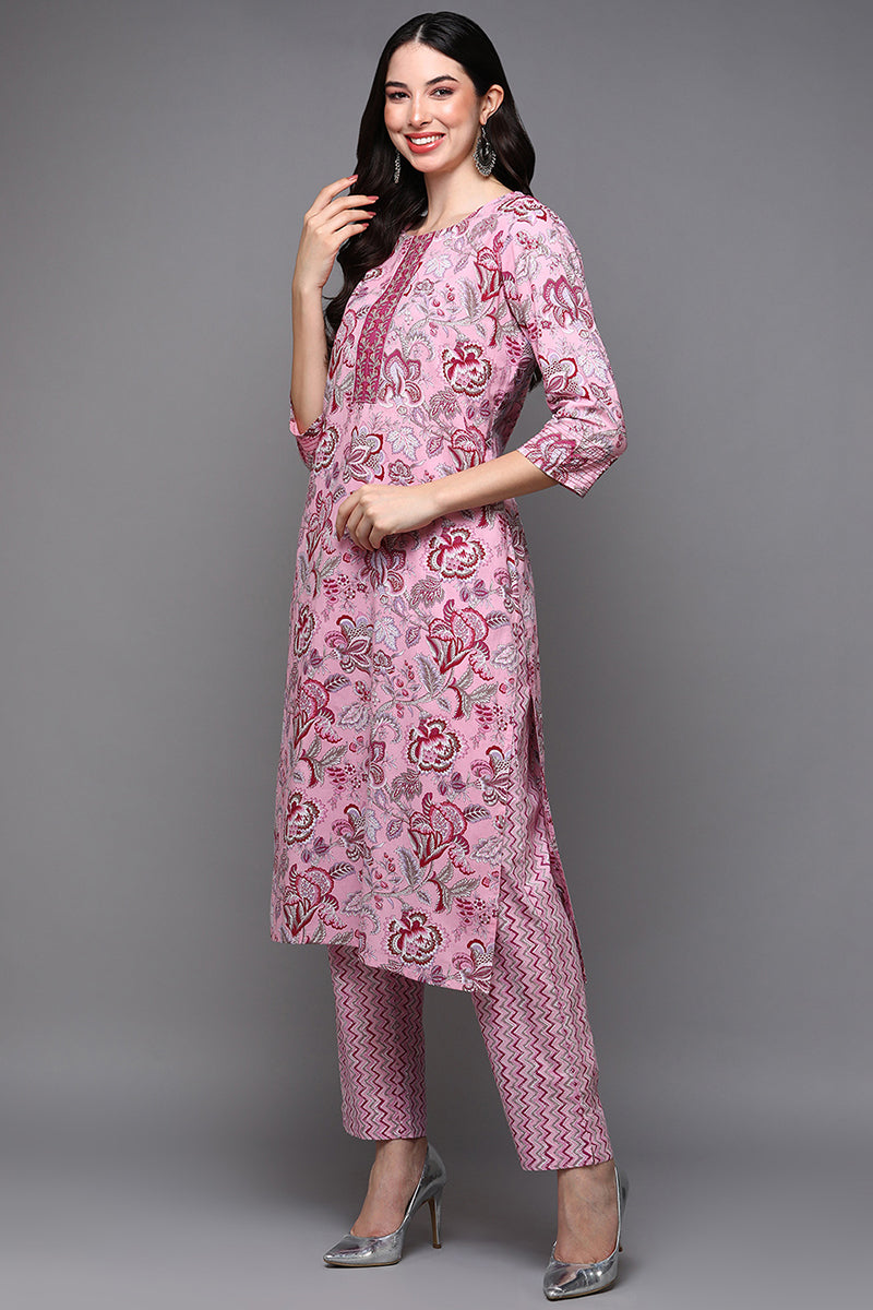 Pink Pure Cotton Floral Straight Suit Set VKSKD1928