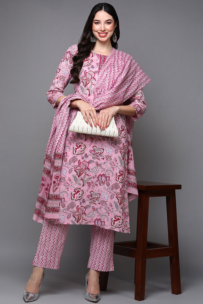 Pink Pure Cotton Floral Straight Suit Set VKSKD1928