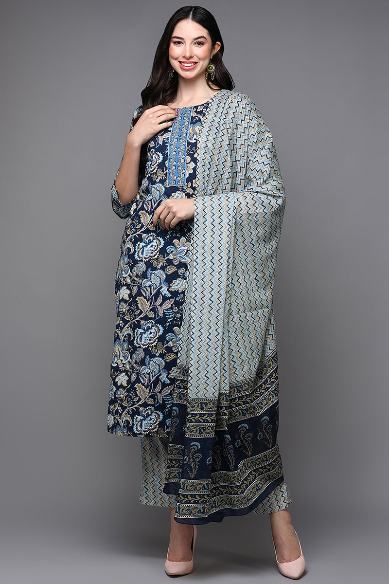 Navy Blue Pure Cotton Floral Straight Suit Set VKSKD1929