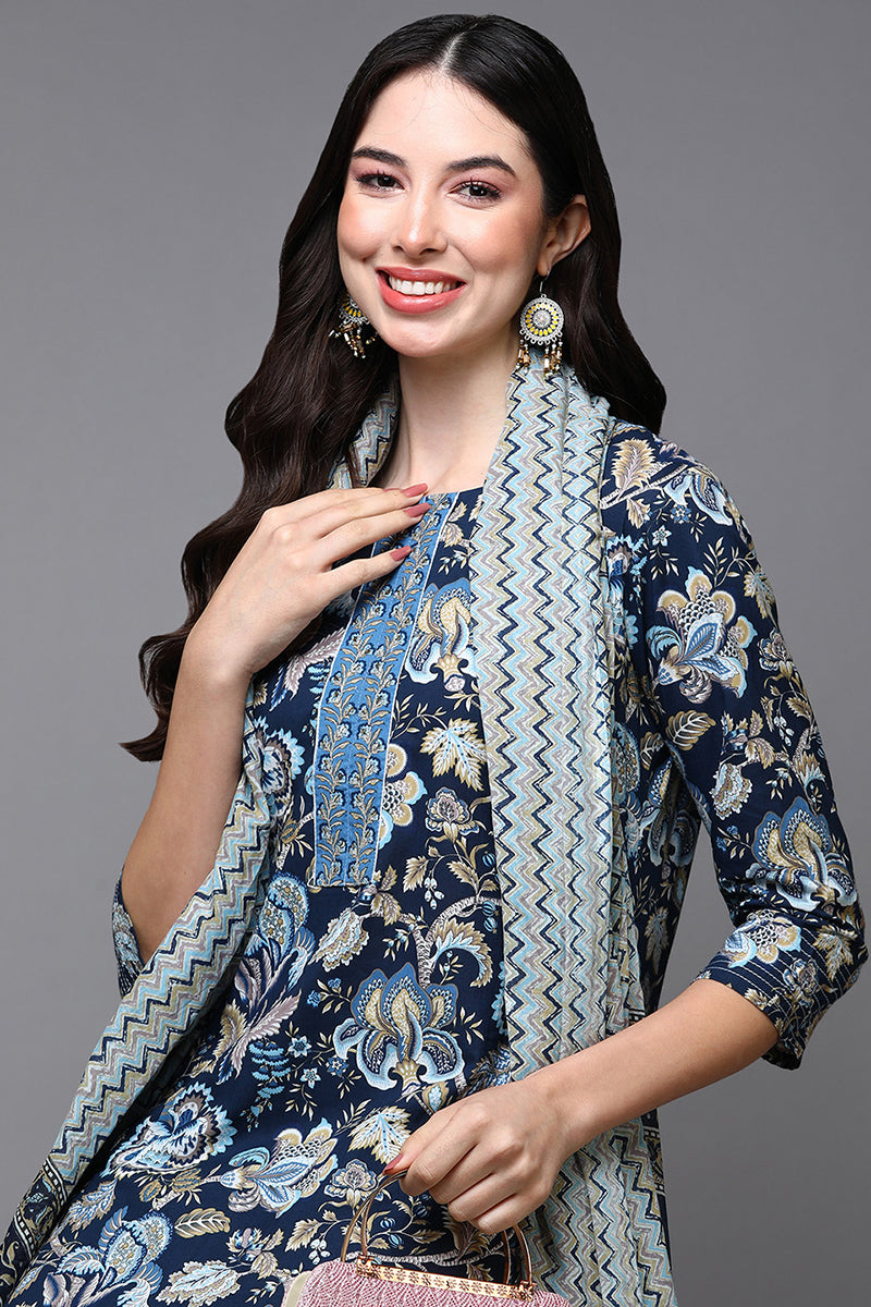 Navy Blue Pure Cotton Floral Straight Suit Set VKSKD1929