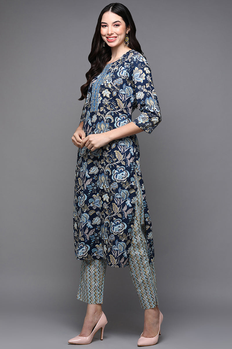 Navy Blue Pure Cotton Floral Straight Suit Set VKSKD1929