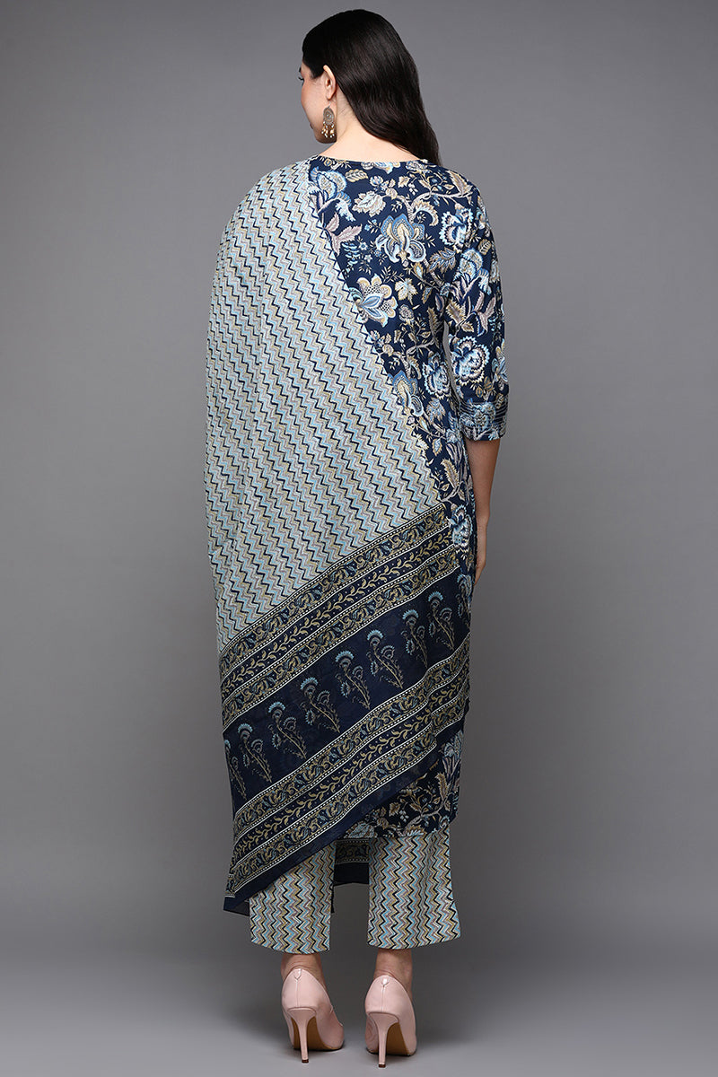 Navy Blue Pure Cotton Floral Straight Suit Set VKSKD1929