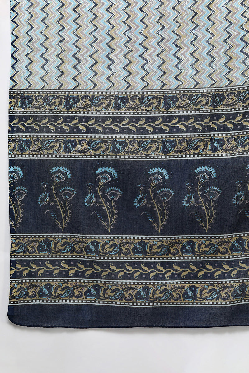 Navy Blue Pure Cotton Floral Straight Suit Set VKSKD1929