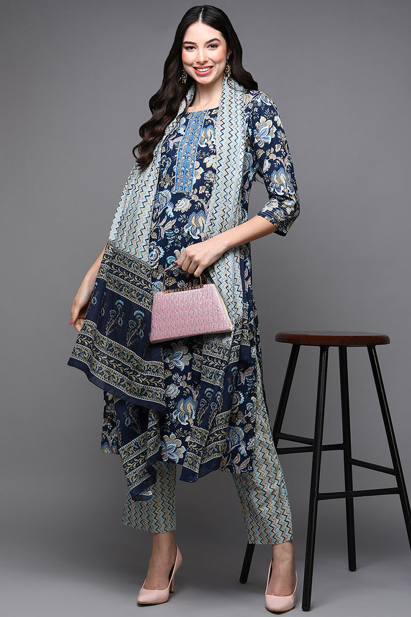 Navy Blue Pure Cotton Floral Straight Suit Set VKSKD1929