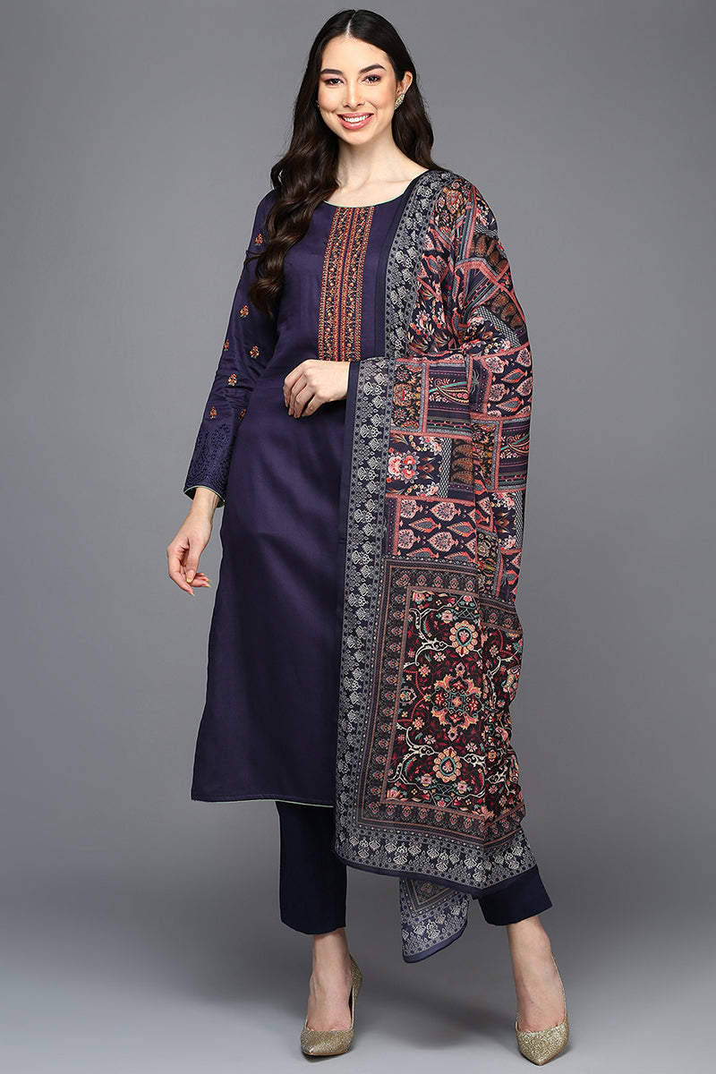 Navy Blue Pure Cotton Ethnic Motifs Straight Suit Set VKSKD1948