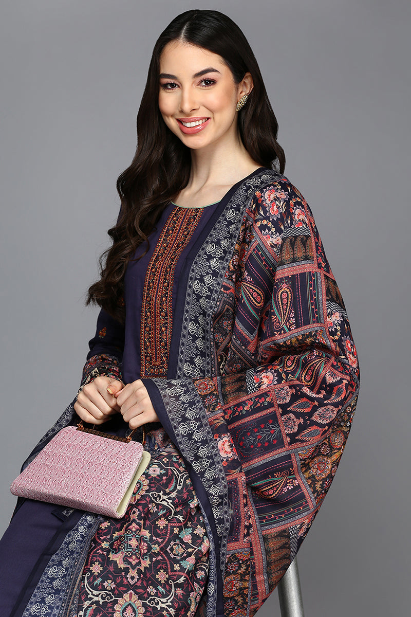 Navy Blue Pure Cotton Ethnic Motifs Straight Suit Set VKSKD1948