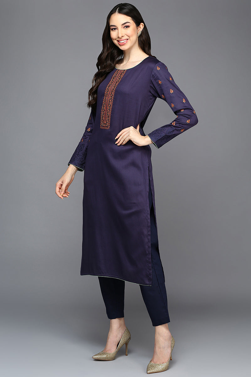 Navy Blue Pure Cotton Ethnic Motifs Straight Suit Set VKSKD1948