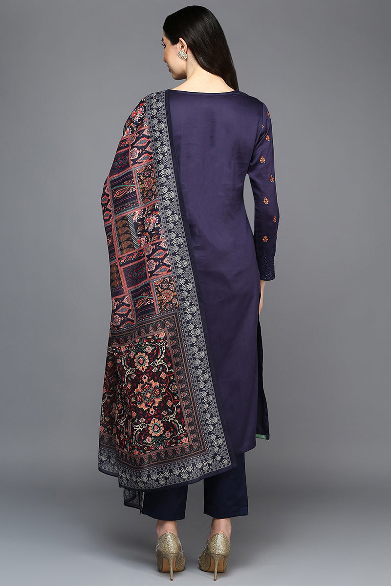 Navy Blue Pure Cotton Ethnic Motifs Straight Suit Set VKSKD1948