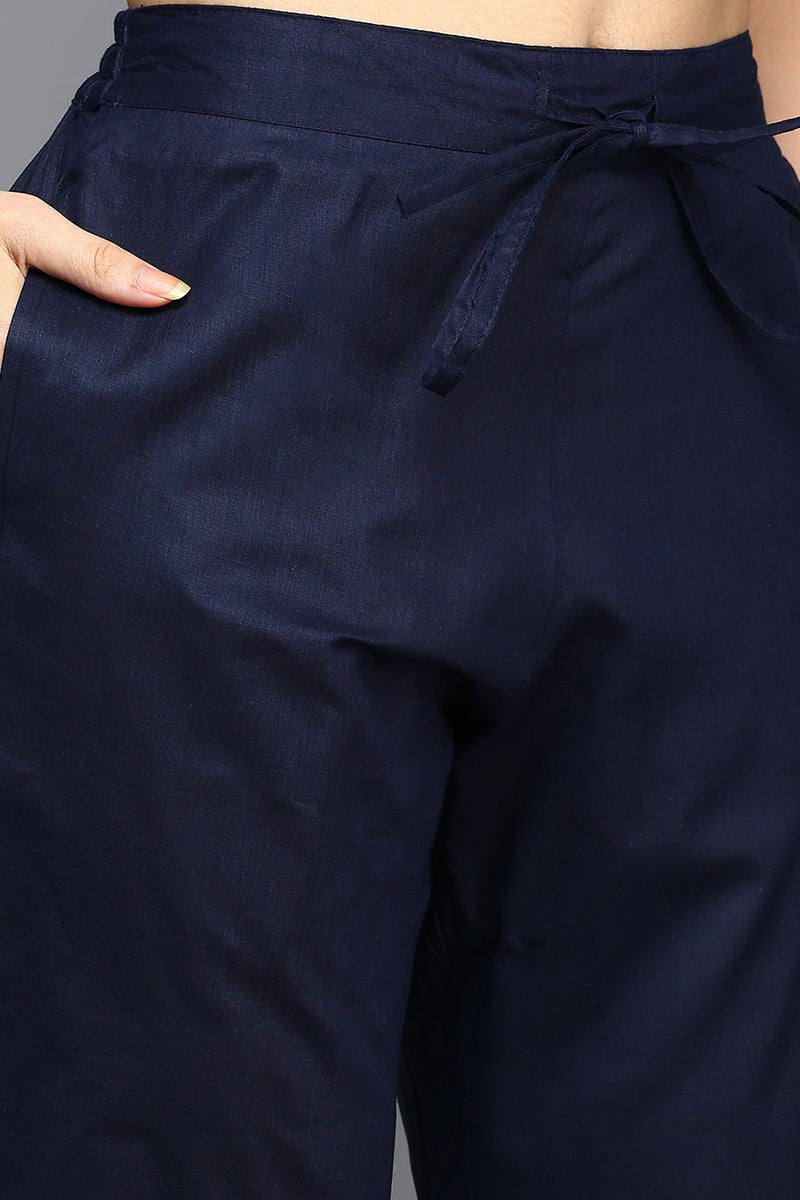 Navy Blue Pure Cotton Ethnic Motifs Straight Suit Set VKSKD1948