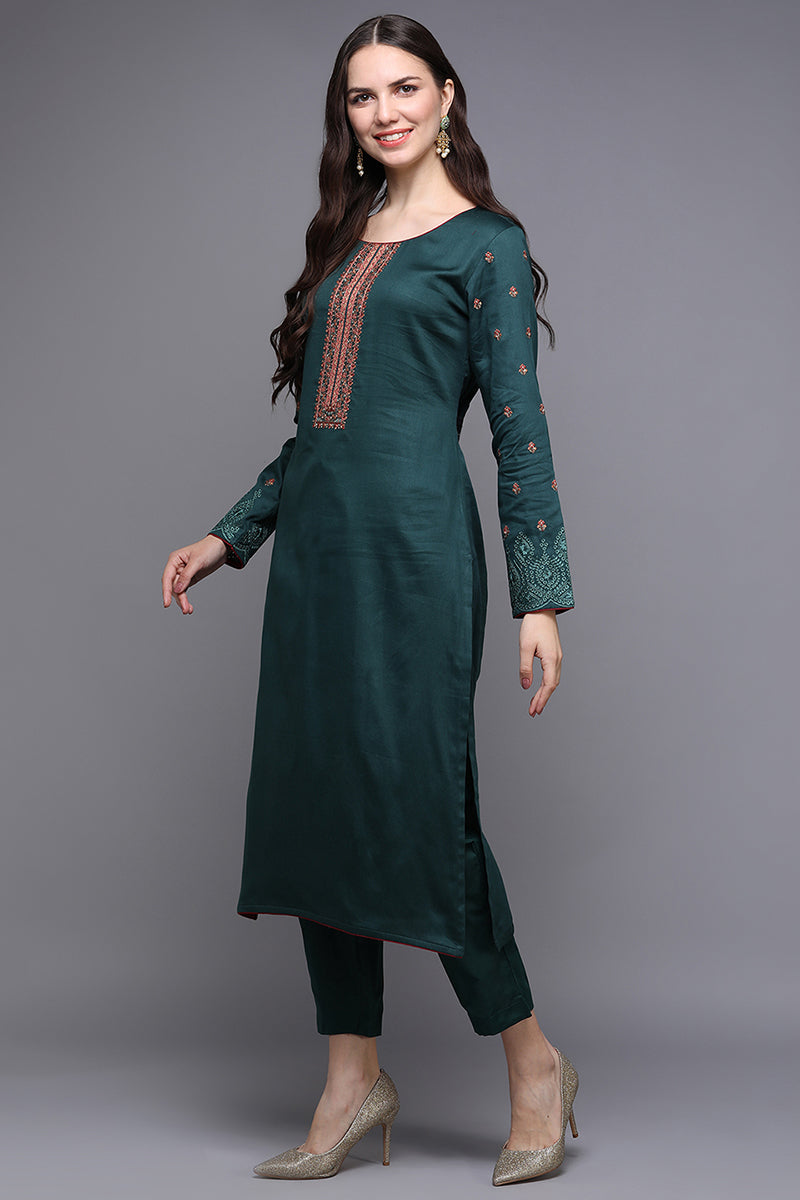 Green Pure Cotton Floral Straight Suit Set VKSKD1951